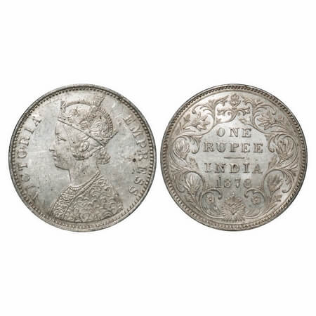 Victoria Empress, Silver, Rupee, 1878, Bombay Mint, A3/II(ii), Dot, Inclined 1. F. Prid Un