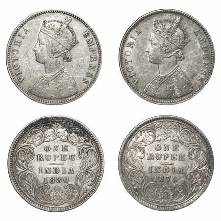 Victoria Empress, Silver, Rupee, (2 coins), 1) 1879, Bombay Mint, A3/I, No dot, Flat 1, 2)