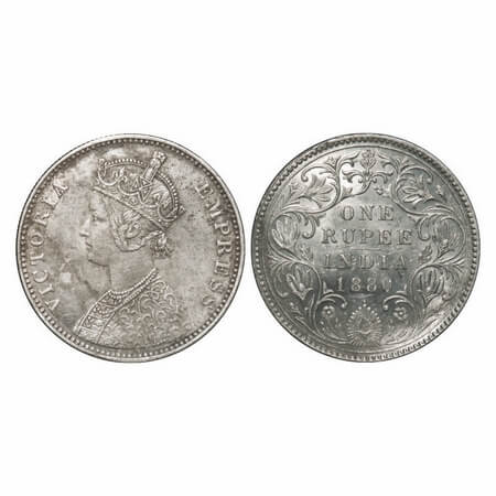 Victoria Empress, Silver, Rupee, 1880, Bombay Mint, A3/II(iv), Dot, Inclined 1. F. Prid Un