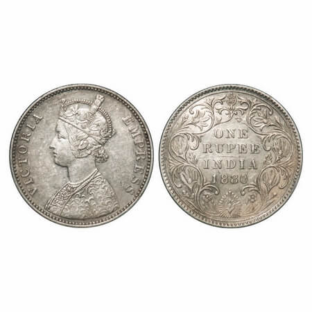 Victoria Empress, Silver, Rupee, 1880, Bombay Mint, A3/II(iv), Dot, Inclined 1. F. Prid Un