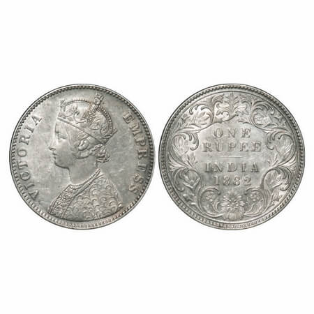 Victoria Empress, Silver, Rupee, 1882, Bombay Mint, A3/I, Dot, Flat1, Die crack on Obv. F.