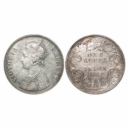 Victoria Empress, Silver, Rupee, 1882, Bombay Mint, A3/I, Dot, Flat 1. F. Prid 160. GK 474