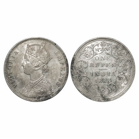 Victoria Empress, Silver, Rupee, 1884, Bombay Mint, A3/II(i), 'B' raised (bottom), Incline