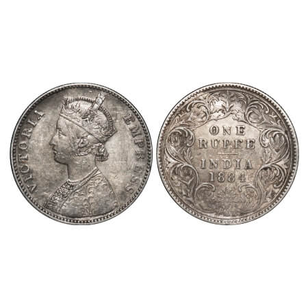 Victoria Empress, Silver, Rupee, 1884, Bombay Mint, A3/I, 'B' raised, Flat1. F. Prid 167. 