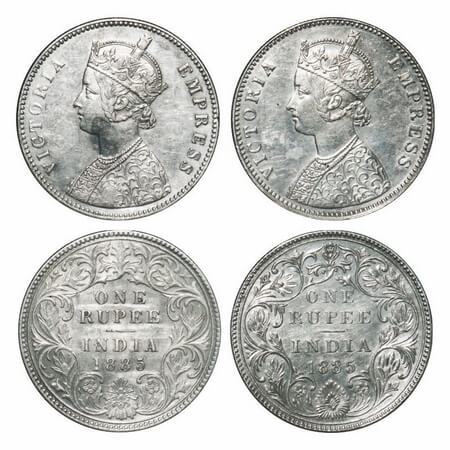 Victoria Empress, Silver, Rupee, 1885, (2 coins), 1) Bombay Mint, A3/II(i), 'B' raised, To