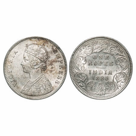 Victoria Empress, Silver, Rupee, 1885, Calcutta Mint, A1/I, 'C' incused, Top stroke of num