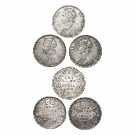 Victoria Empress, Silver, Rupee, (3 coins), 1) 1886, Bombay Mint, C2/I, 'B' incused, Flat 