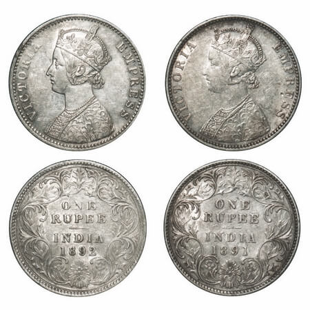 Victoria Empress, Silver, Rupee, (2 coins), 1) 1891, Bombay Mint, C2/I, 'B' incused, Flat 