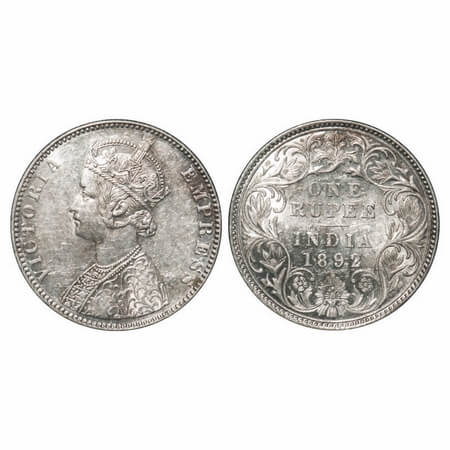 Victoria Empress, Silver, Rupee, 1892, Bombay Mint, C2/I(ii), 'B' incused, Flat 1. F. Prid