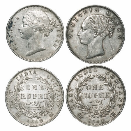Victoria Queen, Silver, Rupee, (2 coins), 1840, 1) CL, Calcutta Mint, A/I, English Head, W