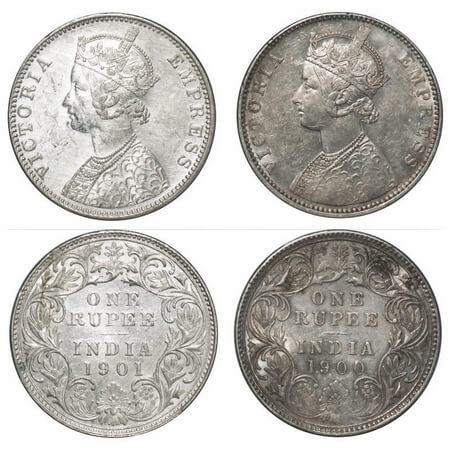 Victoria Empress, Silver, Rupee, (2 coins), 1) 1900, Bombay Mint, A3(i)/I(ii), 'B' incused