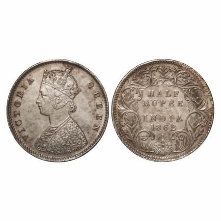 Victoria Queen, Silver, Half Rupee, 1862, Calcutta Mint, A/I, Round Pearls, Mechanical die