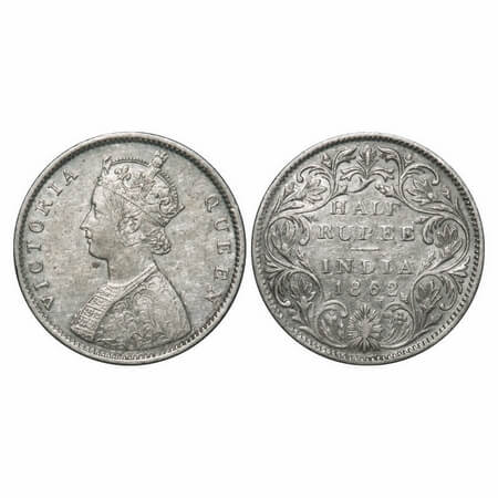 Victoria Queen, Silver, Half Rupee, 1862, Bombay Mint, B1/II, Round Pearls, 5 petals flowe