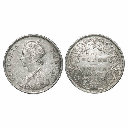 Victoria Queen, Silver, Half Rupee, 1862, Bombay Mint, B1/II, Round Pearls, 5 petals flowe