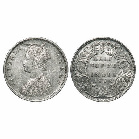 Victoria Queen, Silver, Half Rupee, 1862, Bombay Mint, B1/II, Round Pearls, 5 petals has r