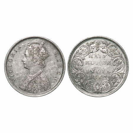 Victoria Queen, Silver, Half Rupee, 1862, Bombay Mint, B1/II, Round Pearls, 5 petals has r