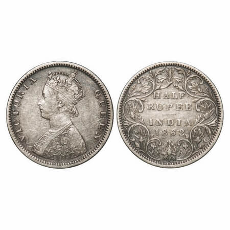 Victoria Queen, Silver, Half Rupee, 1862, Madras Mint, B2/II, Elongated Pearls, 5 petals h