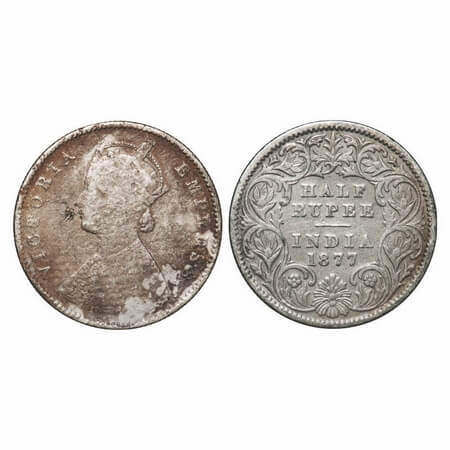 Victoria Empress, Silver, Half Rupee, 1877, Calcutta Mint, A/I, No mint mark. F. Prid 261.