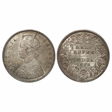 Victoria Empress, Silver, Half Rupee, 1878, Calcutta Mint, A/I, No mint mark. F. Prid 262.