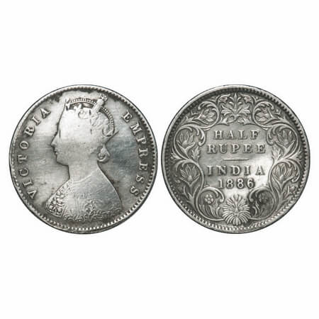 Victoria Empress, Silver, Half Rupee, 1886, Calcutta Mint, A/I, 'C' incused. F. Prid 270. 