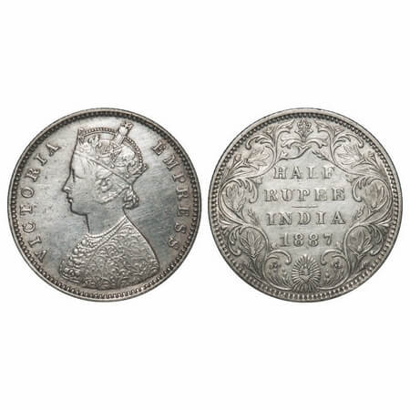 Victoria Empress, Silver, Half Rupee, 1887, Bombay Mint, A/II(i), 'B' raised. F. Prid 296.