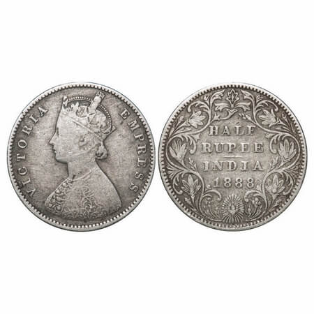 Victoria Empress, Silver, Half Rupee, 1888, Bombay Mint, A/II(i), 'B' raised. F. Prid 298.