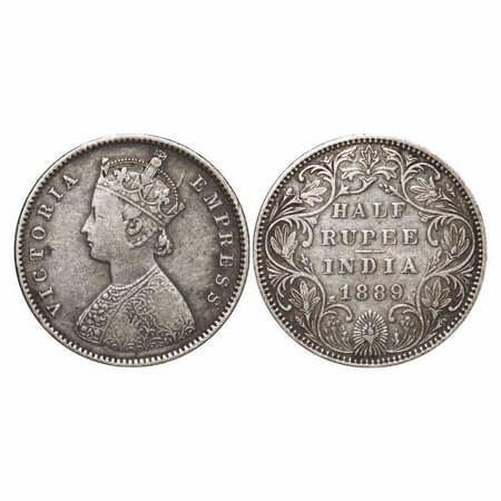 Victoria Empress, Silver, Half Rupee, 1889, Bombay Mint, A/II(i), 'B' raised. F. Prid 299.
