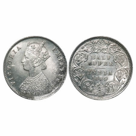 Victoria Empress, Silver, Half Rupee, 1889, Calcutta Mint, A/I, 'C' incused. F. Prid 273. 