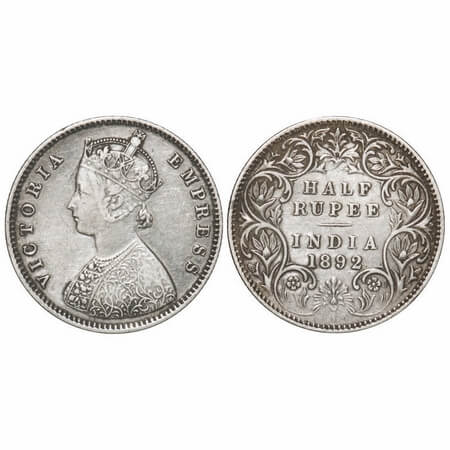 Victoria Empress, Silver, Half Rupee, 1892, Bombay Mint, A/I, 'B' incused. F. Prid 302. GK