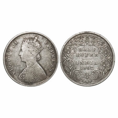 Victoria Empress, Silver, Half Rupee, 1892, Calcutta Mint, A/I, 'C' incused. F. Prid 276. 