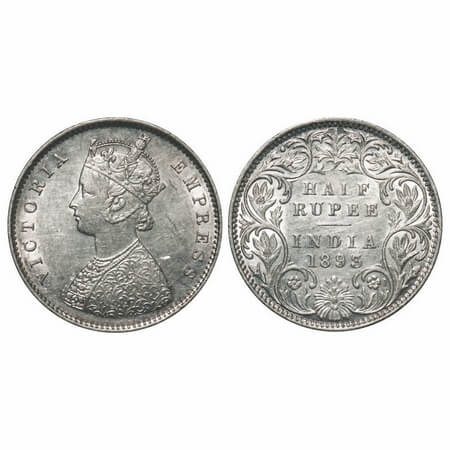 Victoria Empress, Silver, Half Rupee, 1893, Bombay Mint, A/I, 'B' incused. F. Prid 303. GK