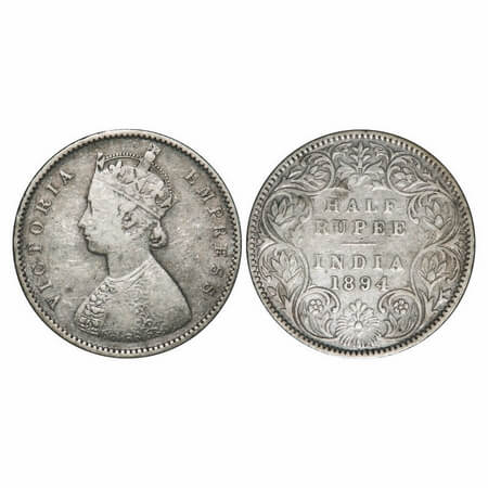 Victoria Empress, Silver, Half Rupee, 1894, Bombay Mint, A/I, 'B' incused. F. Prid 304. GK