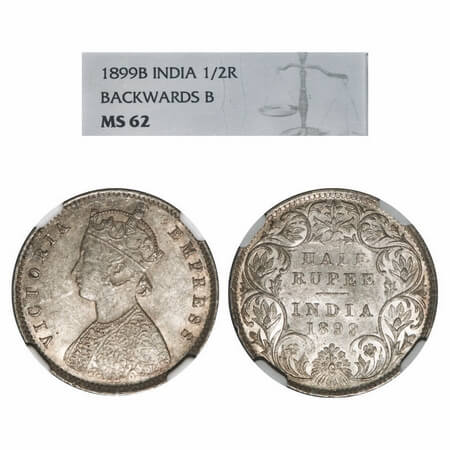 Victoria Empress, Silver, Half Rupee, 1899, Bombay Mint, A/I, 'B' incused, 'B' incused inv