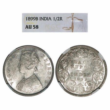 Victoria Empress, Silver, Half Rupee, 1899, Bombay Mint, A/I, 'B' incused, 'B' incused inv