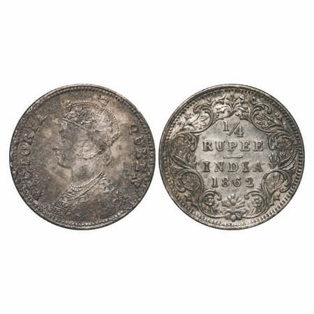 Victoria Queen, Silver, 1/4 Rupee, 1862, Calcutta Mint, A/I. F. Prid 376. GK 375. Very Fin