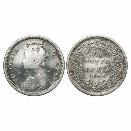 Victoria Queen, Silver, 1/4 Rupee, 1862, Bombay Mint, A/I. F. Prid 377. GK 377. Very Fine.