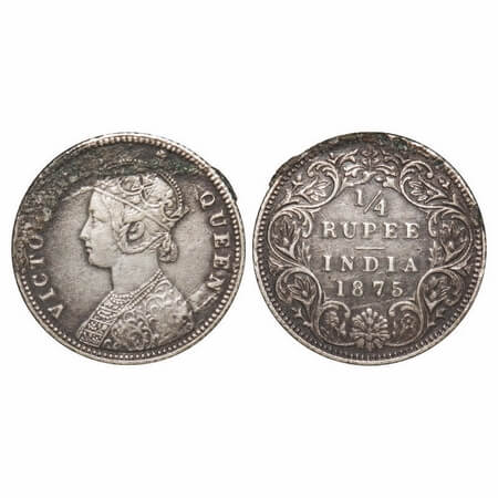 Victoria Queen, Silver, 1/4 Rupee, 1875, Calcutta Mint, A/I, No mint mark, No C. F. Prid 3