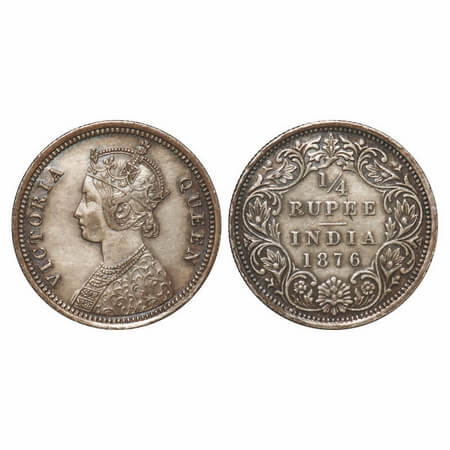 Victoria Queen, Silver, 1/4 Rupee, 1876, Bombay Mint, A/I, No dot. F. Prid 407. GK 668. Ex