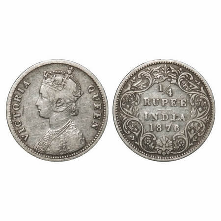 Victoria Queen, Silver, 1/4 Rupee, 1876, Calcutta Mint, A/I, No mint mark, No C. F. Prid 3
