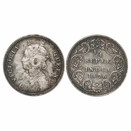 Victoria Queen, Silver, 1/4 Rupee, 1876, Calcutta Mint, A/I, No mint mark, No C. F. Prid 3