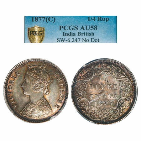 Victoria Empress, Silver, 1/4 Rupee, 1877, Calcutta Mint, B/I, No mint mark, No C. F. Prid