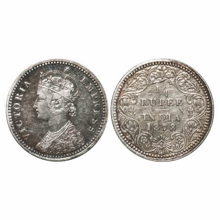Victoria Empress, Silver, 1/4 Rupee, 1878, Calcutta Mint, C/II, No mint mark, No C. F. Pri