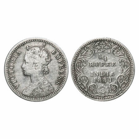 Victoria Empress, Silver, 1/4 Rupee, 1881, Calcutta Mint, C/II, 'C' incused. F. Prid 386. 