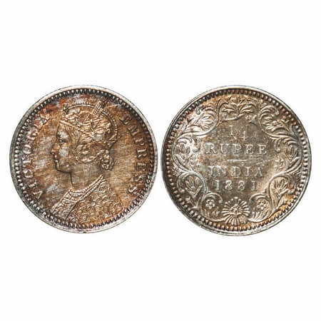 Victoria Empress, Silver, 1/4 Rupee, 1881, Calcutta Mint, C/II, 'C' incused. F. Prid 386. 