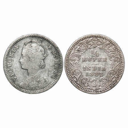 Victoria Empress, Silver, 1/4 Rupee, 1882, Calcutta Mint, C/II, 'C' incused. F. Prid 387. 