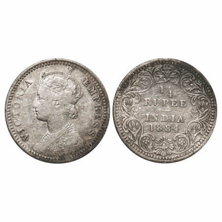Victoria Empress, Silver, 1/4 Rupee, 1884, Calcutta Mint, C/II, 'C' incused. F. Prid Unlis