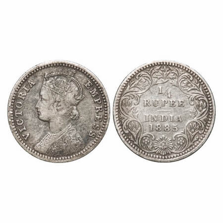 Victoria Empress, Silver, 1/4 Rupee, 1885, Calcutta Mint, C/II, 'C' incused. F. Prid 390.