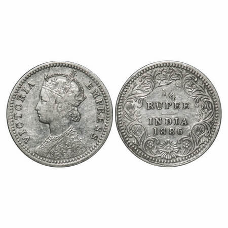 Victoria Empress, Silver, 1/4 Rupee, 1886, Calcutta Mint, C/II, 'C' incused. F. Prid 391. 