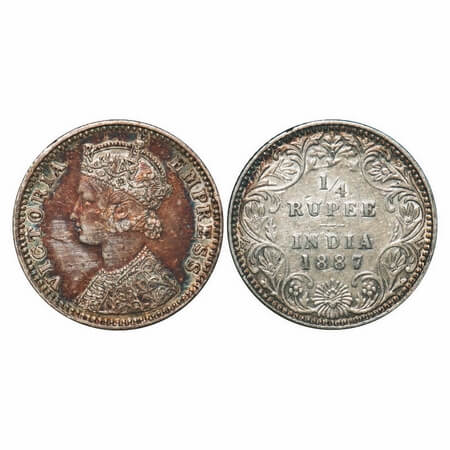 Victoria Empress, Silver, 1/4 Rupee, 1887, Bombay Mint, C(i)/II, 'B' raised. F. Prid 420. 