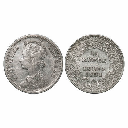 Victoria Empress, Silver, 1/4 Rupee, 1891, Calcutta Mint, C/II, 'C' incused. F. Prid 396. 